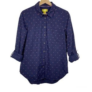 ANTHROPOLOGIE Maeve Embroidered Cotton Button Down Top, Navy Blue, Size 10